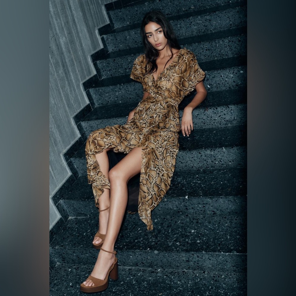 Elegant Brown Animal Print Midi  Dress